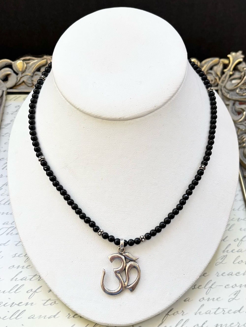 Sterling Silver Om Pendant Black Onyx Bead Necklace